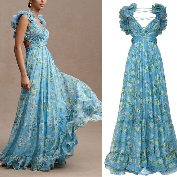 NWT Mac Duggal Blue Ruffled Floral Lace Up Back Cut Out Dress 67803 - Picture 2 of 7